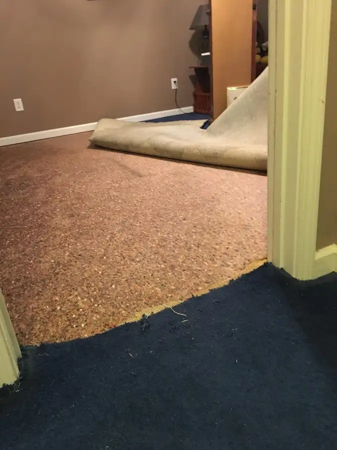 Carpet pad removal revealing water damage during Water Mitigation Services in Camp Verde